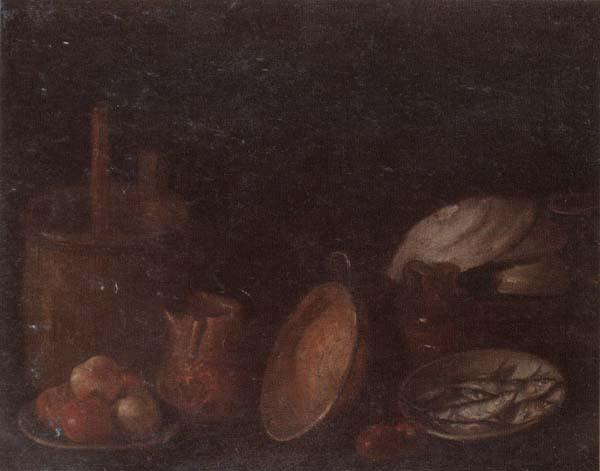  Still life of apples and herring in bowls,a beaten copper jar,a pan and other kitchen implements